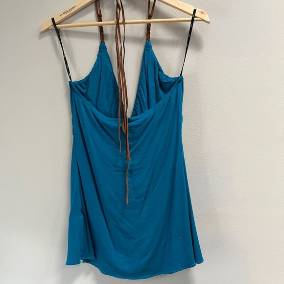 Sky Women's Halter Top Teal Blue Plunge‎ Leather Tie Sexy Boho NEW Large - Picture 3 of 4